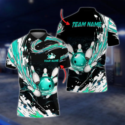 Custom Flame Blue White Black Bowling Mens Polo Shirt, Custom Flame Bowling Team Shirts BO0206 BOW0402