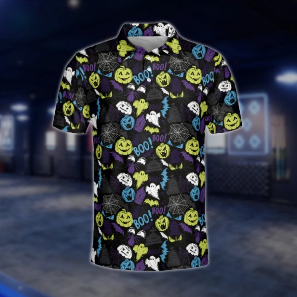 Pumpkin Ghost Black Green Golf Polo Shirt For Men, Halloween Golf Shirts GOF0163