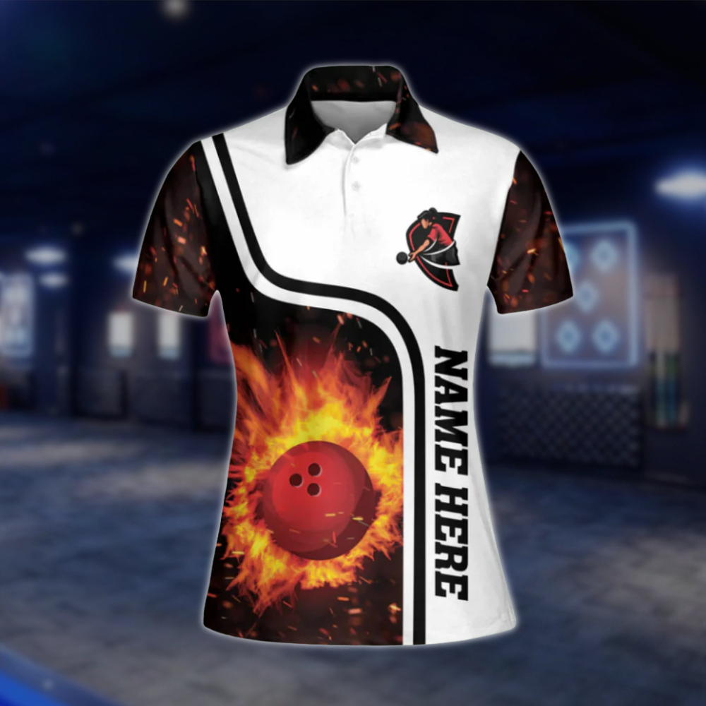 Personalized Queen Pins Flame Bowling Polo Shirt Womens, Custom Flame Bowling Shirt For Ladies BW0129 BOW0423