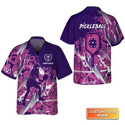 Pickleball - Scritch Woman Purple Pink Pattern Personalized Name 3D Hawaiian Shirt QB95 Gift For Pickleball Player PKL0142