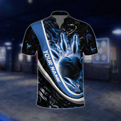 Custom Blue Flame Bowling Jersey For Mens, Custom Flame Bowling Shirts BZ0128 BOW0456