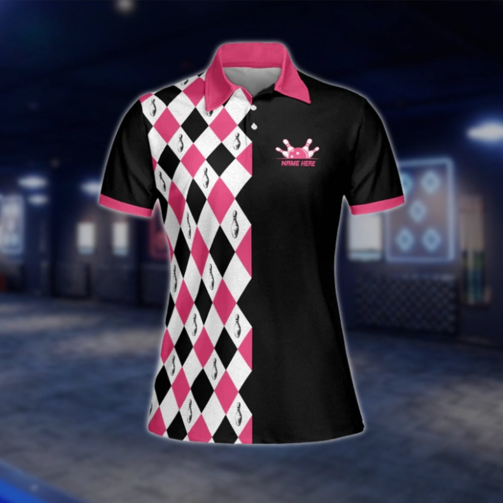 Yes I Do Bowl Like A Girl Try To Keep Up Custom Argyle Bowling Polo Shirt For Ladies, Black And Pink Custom Funny Bowling Shirts For Womens BW0033 BOW0217