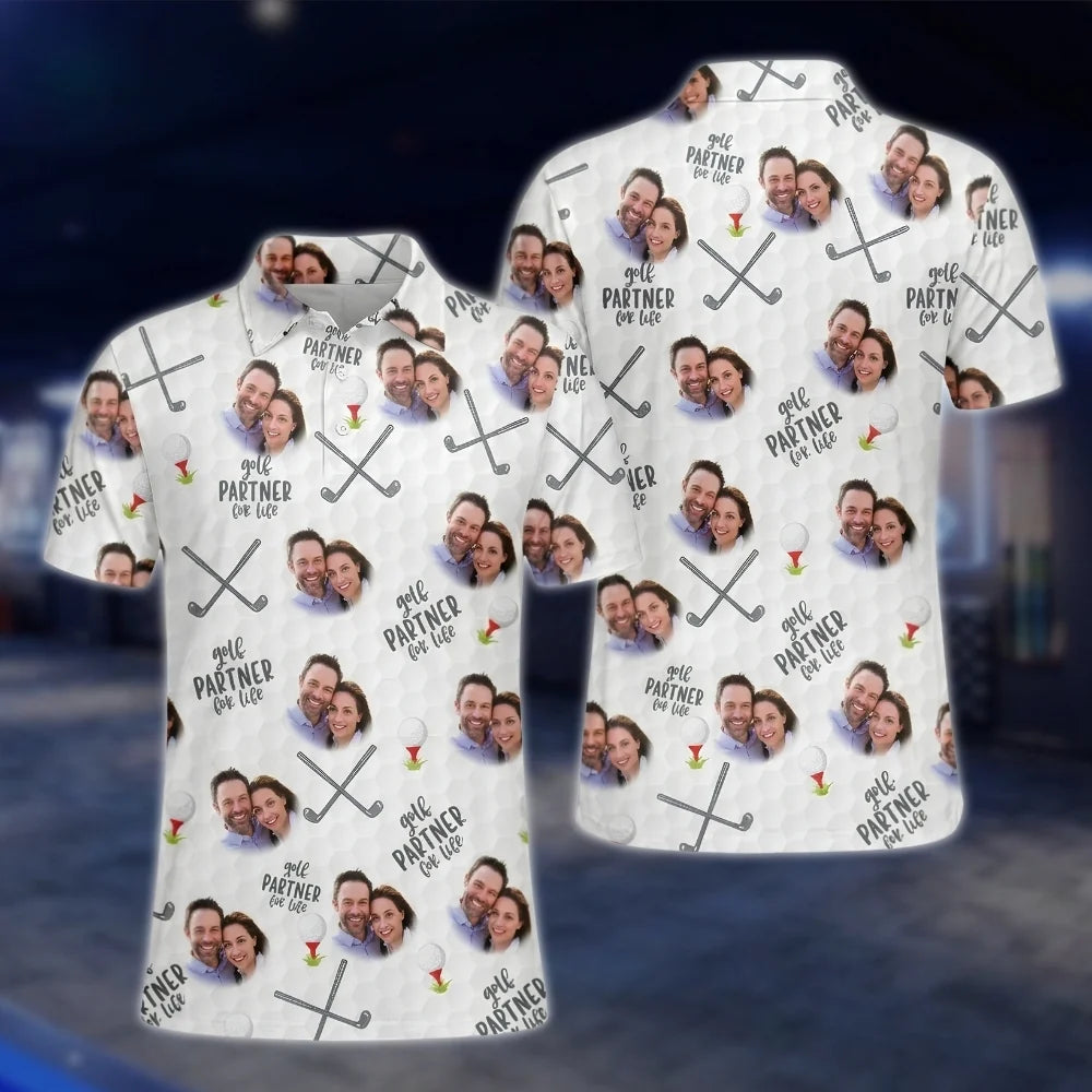 Golf Partner For Life Personalized Couple Photo Matching His And Her Golf Polo Shirt, Custom Face Matching Golf Shirt Men Women GOF0114