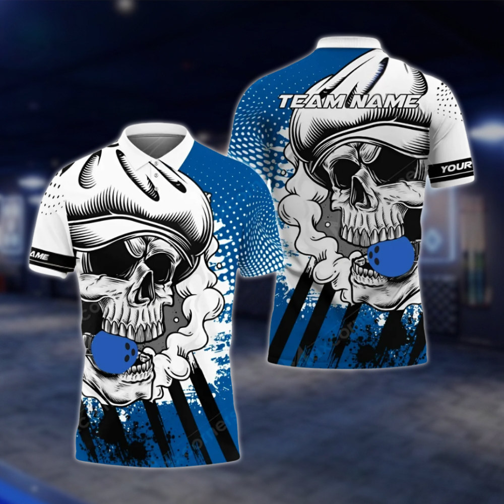 Personalized Skull White Red Bowling Polo Shirt For Men, Custom Skull Bowling Shirt For Team BZ0768 BOW0140
