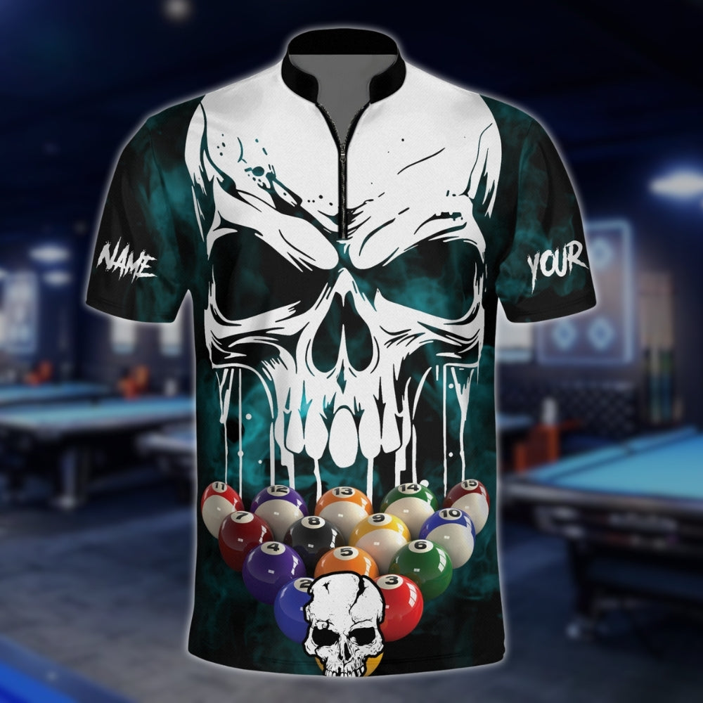 Custom Skull Cyan Billiard Men Jersey, Custom Skull Pool Billiard Shirts Team BLD0022