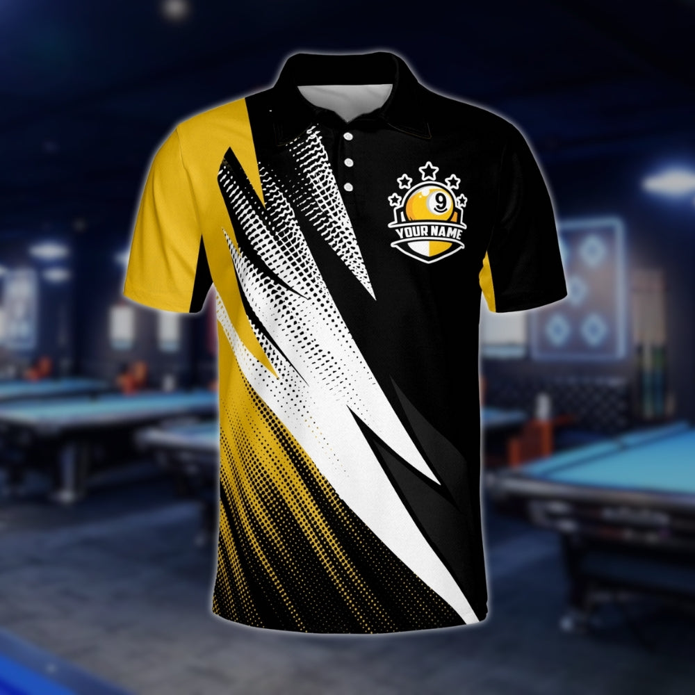 Custom Black Yellow 9 Ball Billiard Polo Shirt Men, Custom Team 9 Ball Billiard Shirts BLD0205