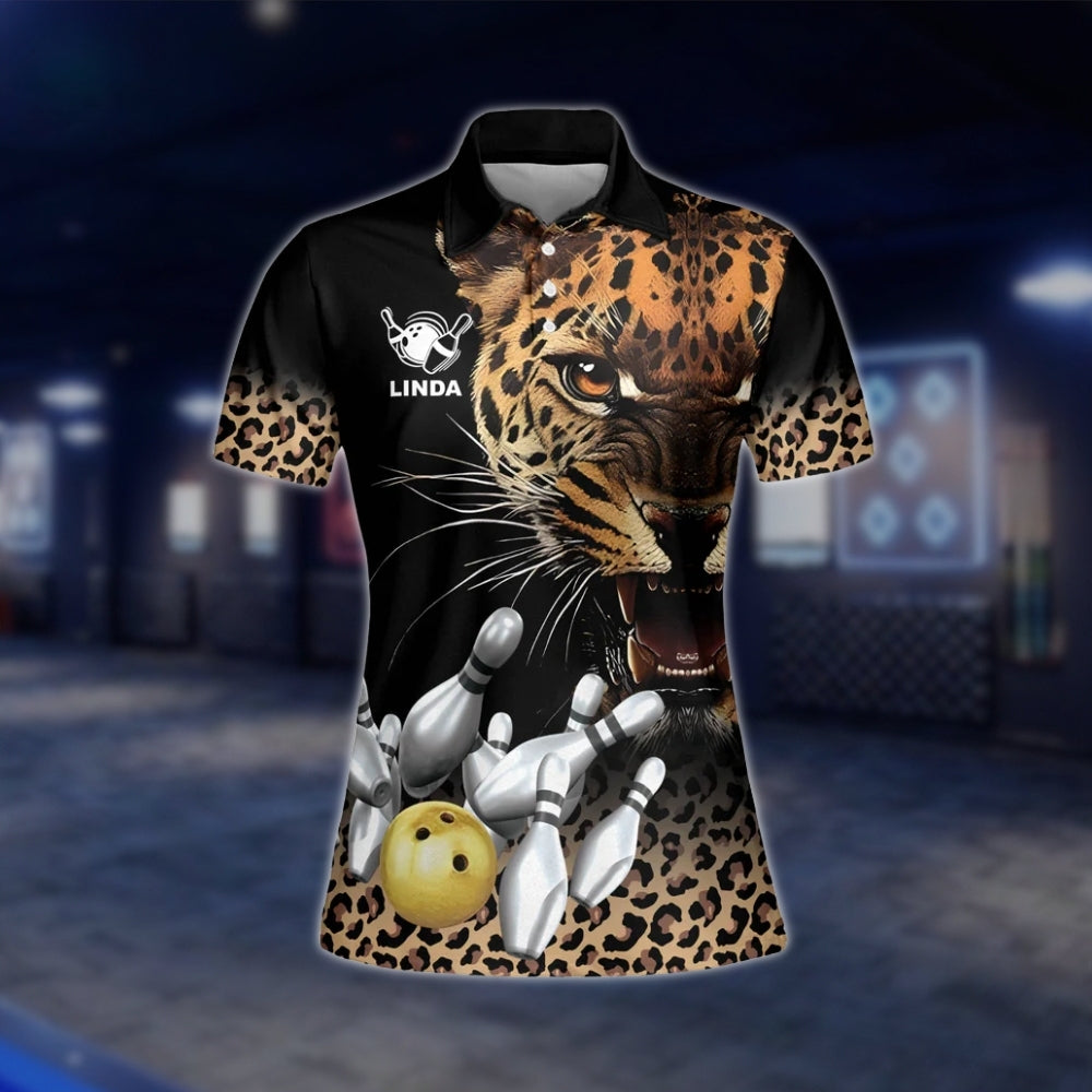 Custom Leopard Womens Bowling Polo Shirt, Custom Leopard Bowling Team Shirt For Ladies BZ0247 BOW0245