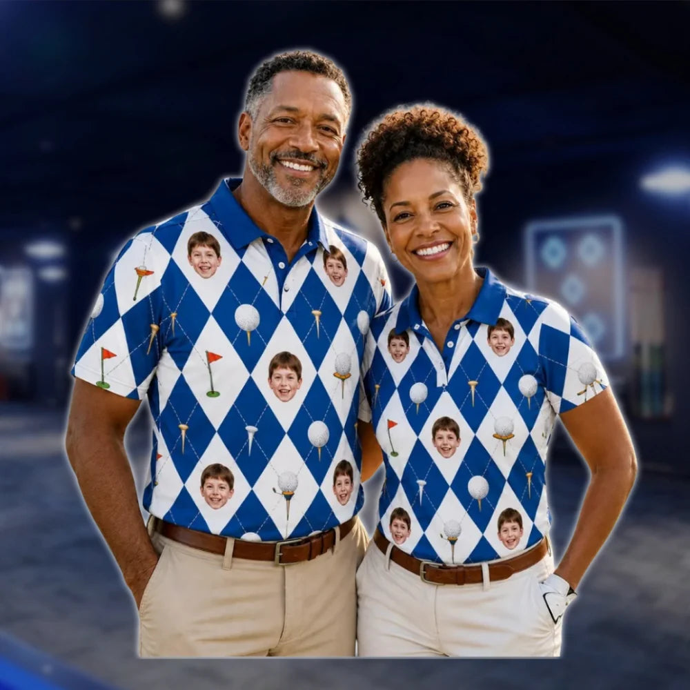 Custom Photo Couple Matching Golf Polo Shirts, Custom Face Golf Shirts For Men Women GOF0066