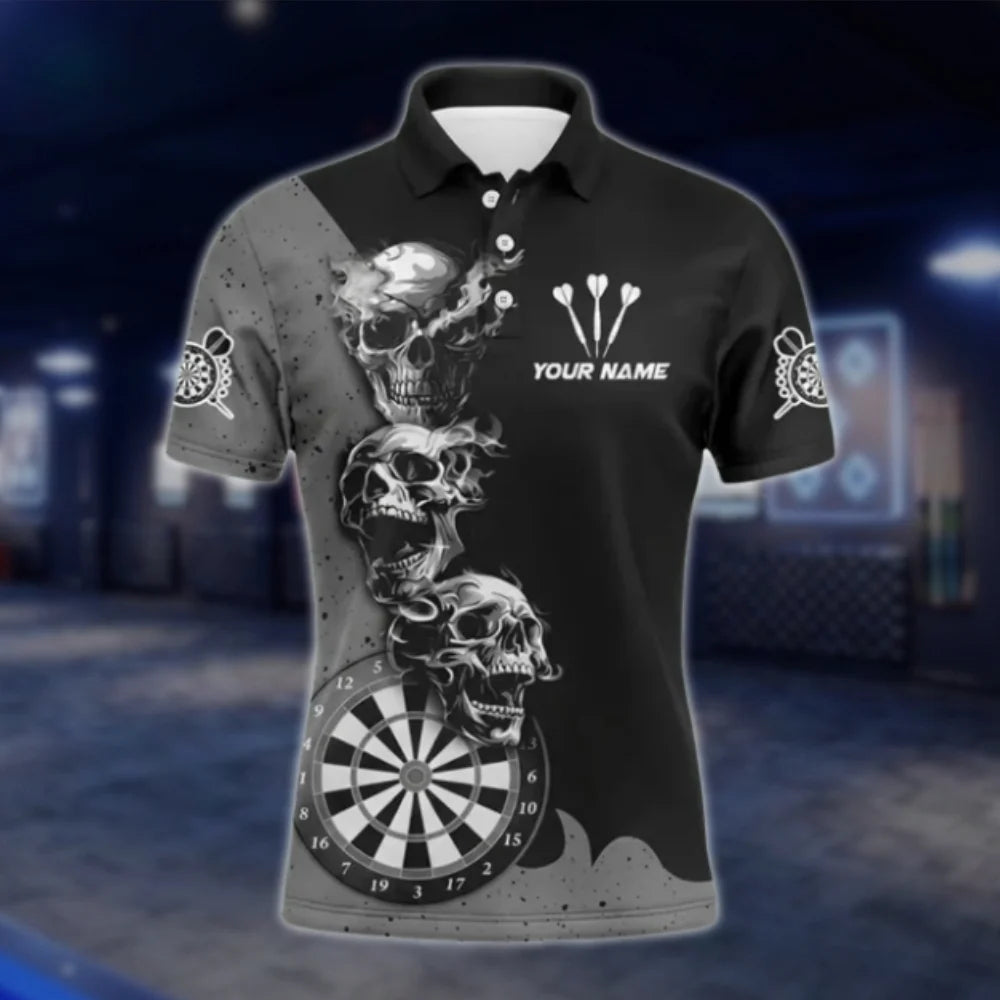 Custom Skeleton Black Grey Dart Polo Shirt For Men, Custom Skull Darts Shirt Team DAT0353