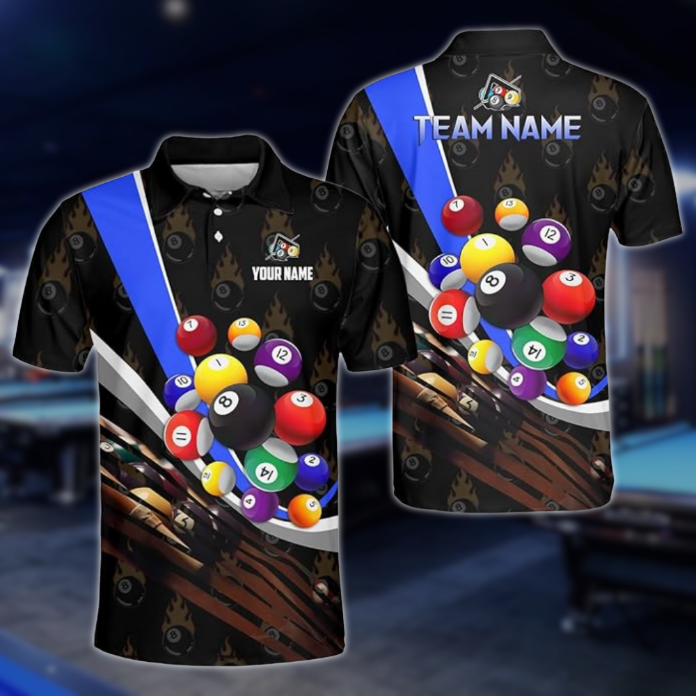 Flaming 8 Ball Custom Billiard Team Polo Shirts For Mens, Custom Pool Billiard Shirts BLD0222