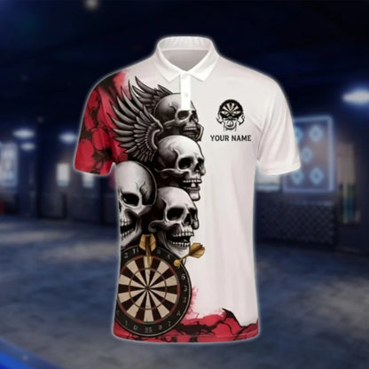 Custom Skeleton White Red Men's Dart Polo Shirt, Custom Skull Dart Team Shirts DAT0352