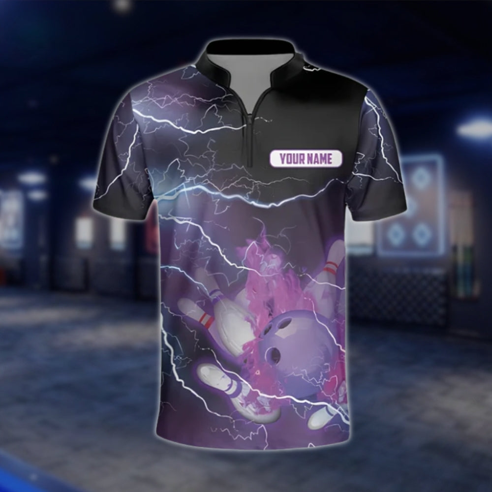 Custom Flame Purple Black Bowling Jersey For Mens, Custom Team Flame Bowling Shirts BZ0044 BOW0445
