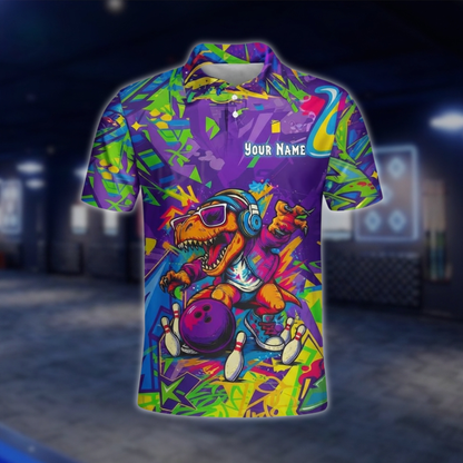 Personalized T-Rex Graffiti Bowling Polo Shirt For Men, Custom Dinosaur Bowling Shirt Team BZ0934 BOW0004