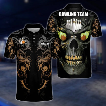 Custom Skull Green Black Bowling Mens Polo Shirt, Custom Skeleton Bowling Team Shirts BZ0188 BOW0261