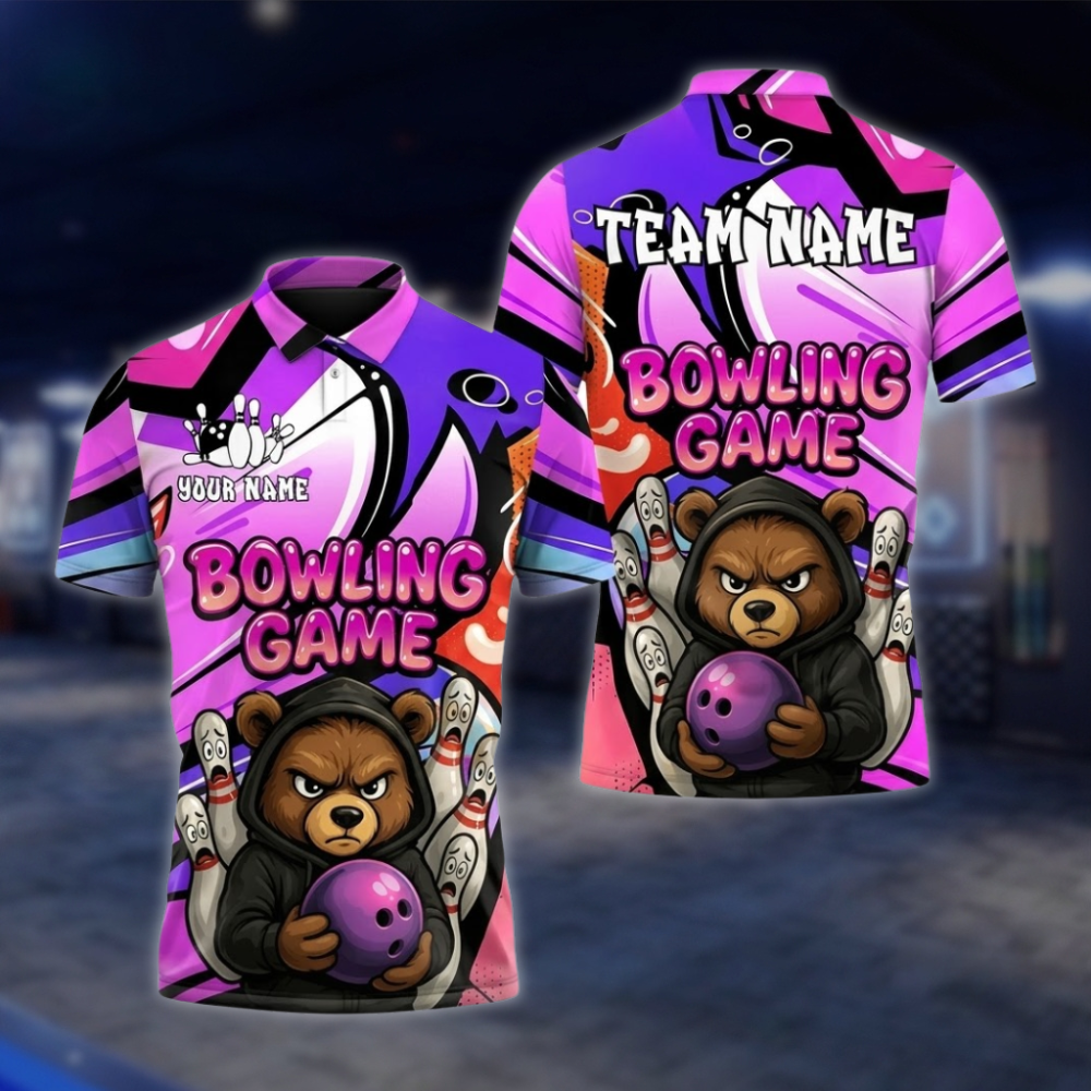 Personalized Angry Bear Bowling Polo Shirt Men, Custom Bear Bowling Shirts For Team BZ0856 BOW0092