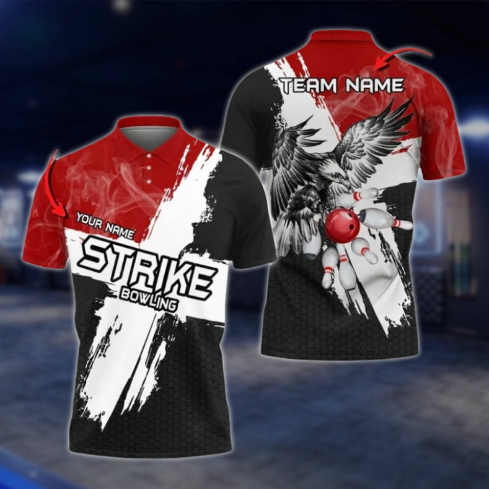 Ealge Strike Custom Black And White Bowling Mens Polo Shirts, Custom Eagle Bowling Team Shirts BO0412 BOW0256