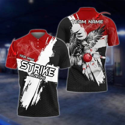 Ealge Strike Custom Black And White Bowling Mens Polo Shirts, Custom Eagle Bowling Team Shirts BO0412 BOW0256