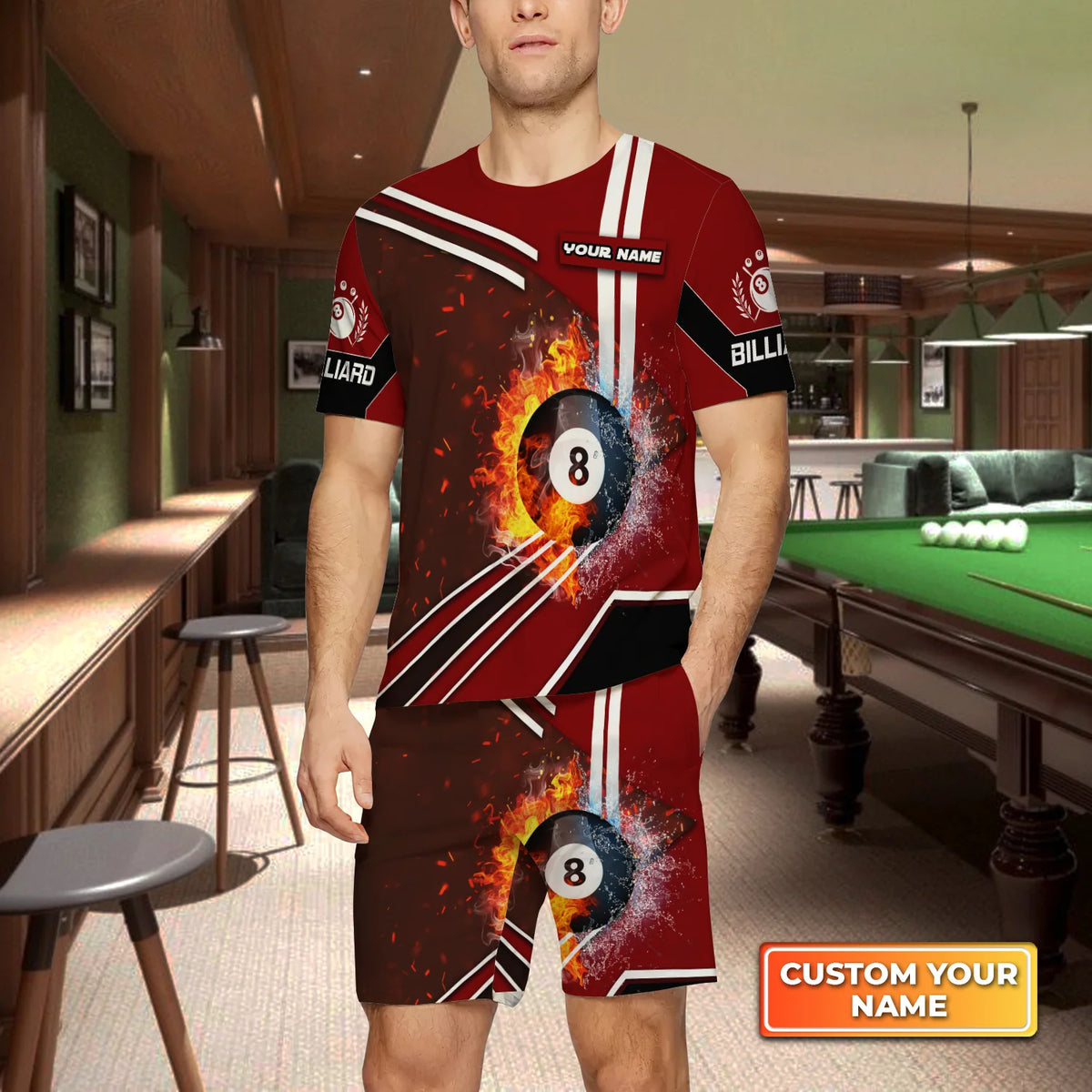 Red Billiard Pool 8 Ball On Fire Custom Name 3D Short Sleeve T-Shirt Men's Board Shorts ORN0283