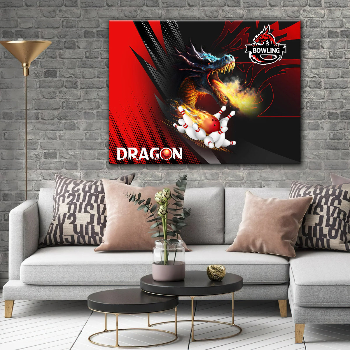 Dragon Team Red Bowling Ball On Fire Graphic Printed Canvas Bowl Game Living Room Decor Gift For Bowlers ORN0125