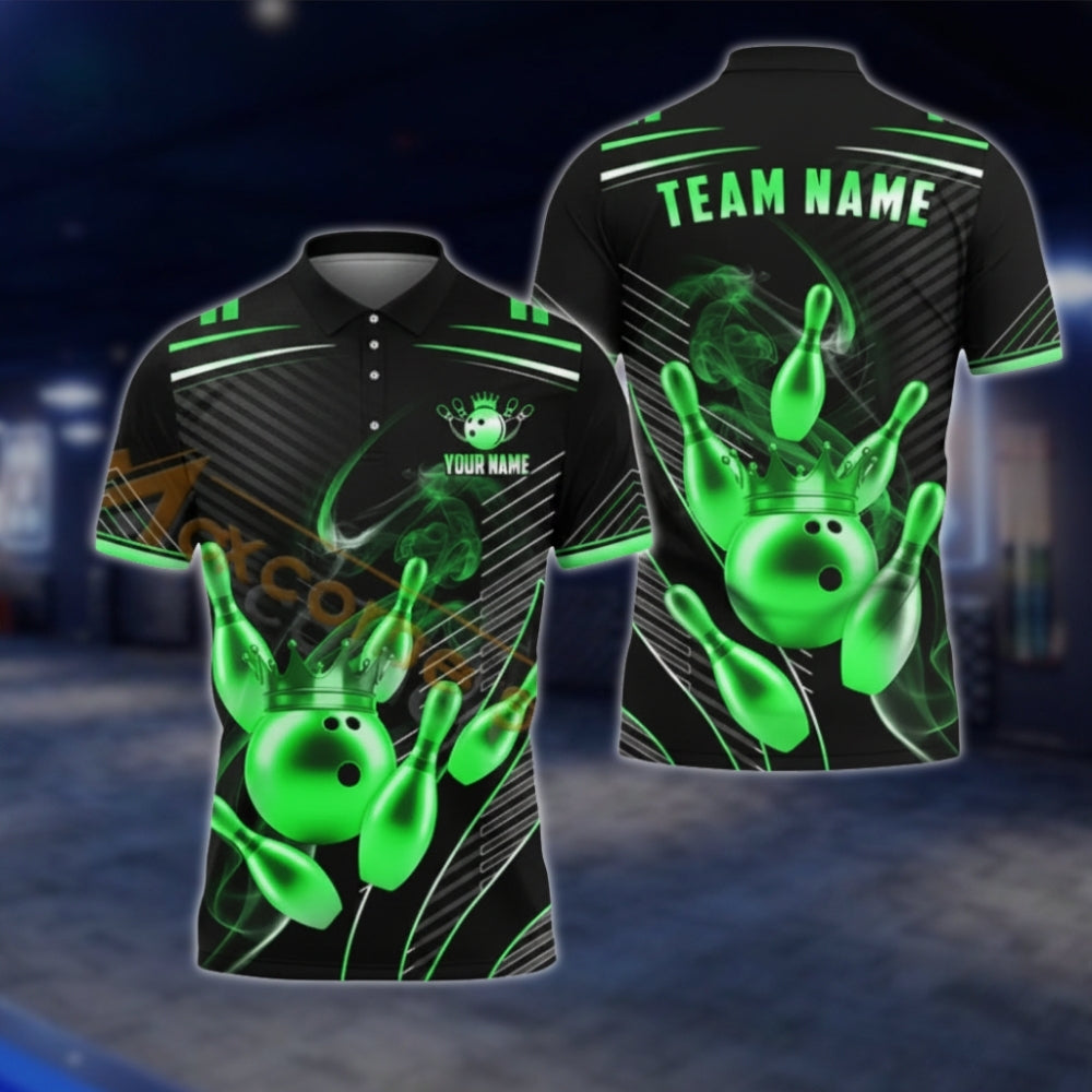 Golden Pins And Ball Custom Team Bowling Polo Shirt For Men, Custom Black Gold Bowling Team Shirts BA0007 BOW0479