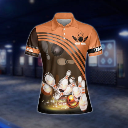 Custon Team Orange Black Womens Bowling Polo Shirt, Custom Bowling Shirt For Ladies BZ0261 BOW0235