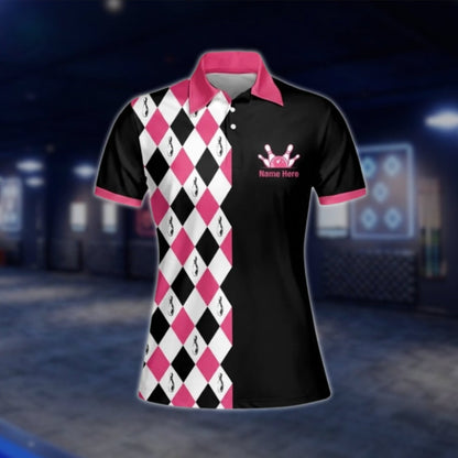 Rolling With My Homies Custom Womens Argyle Pink Black Bowling Polo Shirt, Custom Funny Women Bowling Shirt With Name BW0089 BOW0207
