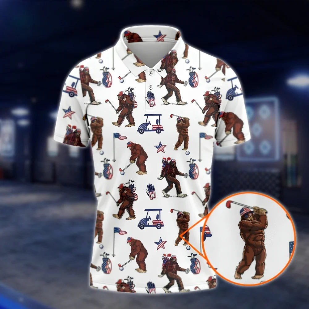 Bigfoot USA Flag Golf Polo Shirt For Men, Bigfoot Golf Shirt GOF0099