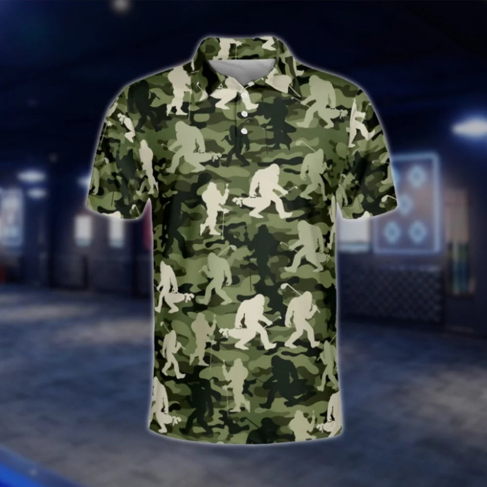 Bigfoot Sasquatch Mens Green Camouflage Golf Polo Shirts, Bigfoot Golf Shirt GOF0194
