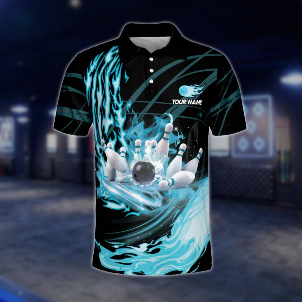 Custom Flame Cyan Bowling Mens Polo Shirt, Custom Team Flame Bowling Shirts BZ0241 BOW0228