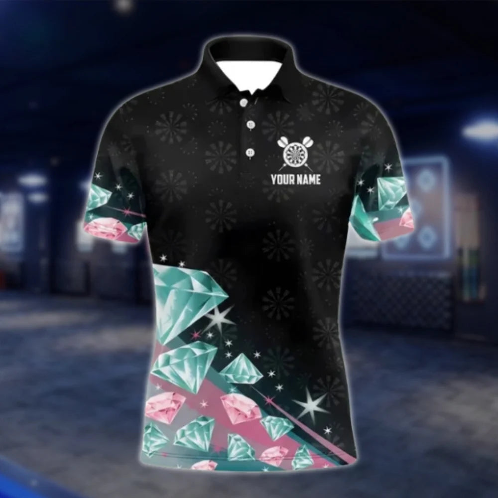 Custom Team Cyan Pink Diamond Dart Polo Shirt For Men, Custom Dart Shirts DAT0443