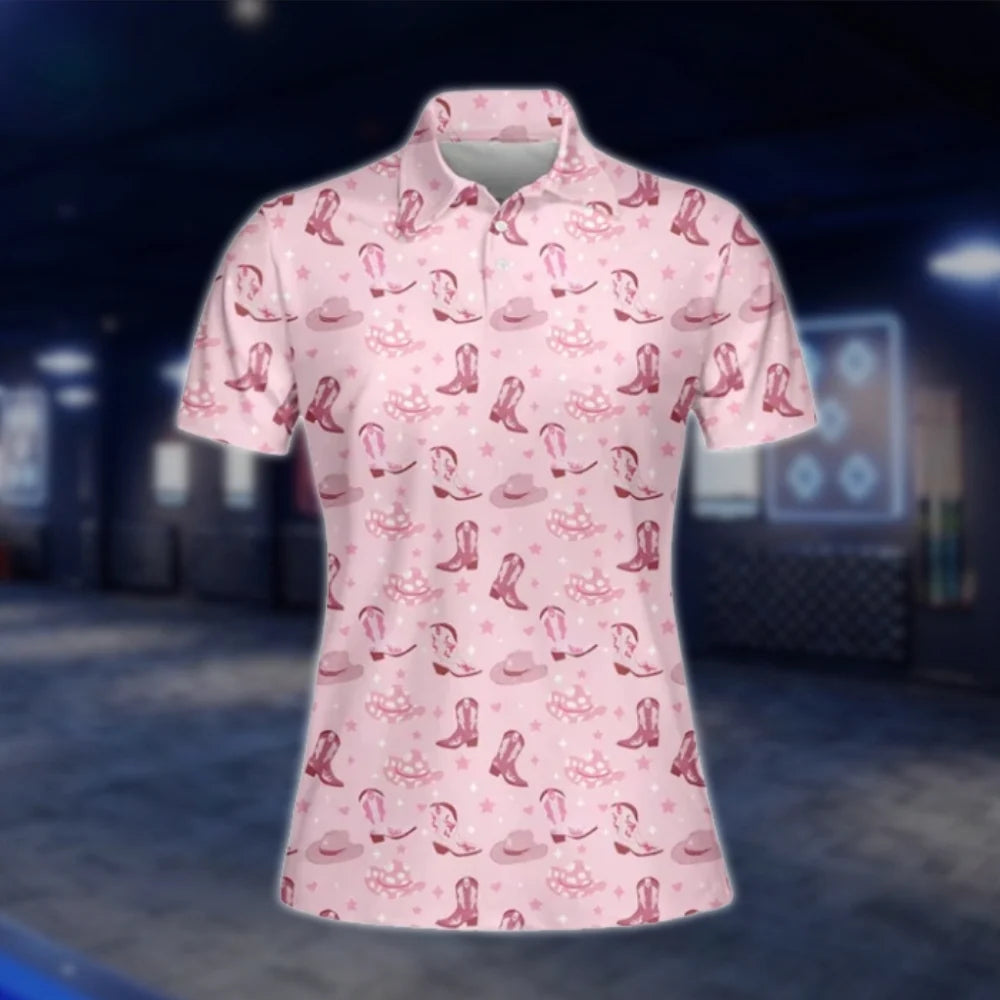 Pink Cowgirl Boots Golf Polo Shirts For Women, Women's Western Golf Shirts GOF0004