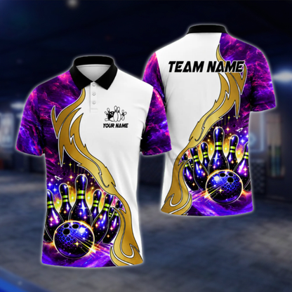 Custom Team Galaxy Pins And Ball Bowling Polo Shirt For Mens, Blue White Custom Bowling Team Shirts BZ0483 BOW0406