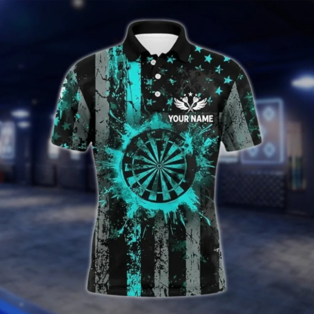 Custom American Flag Grunge Cyan Dart Polo Shirt For Men, Custom Patriotic Dart Team Shirts DAT0350