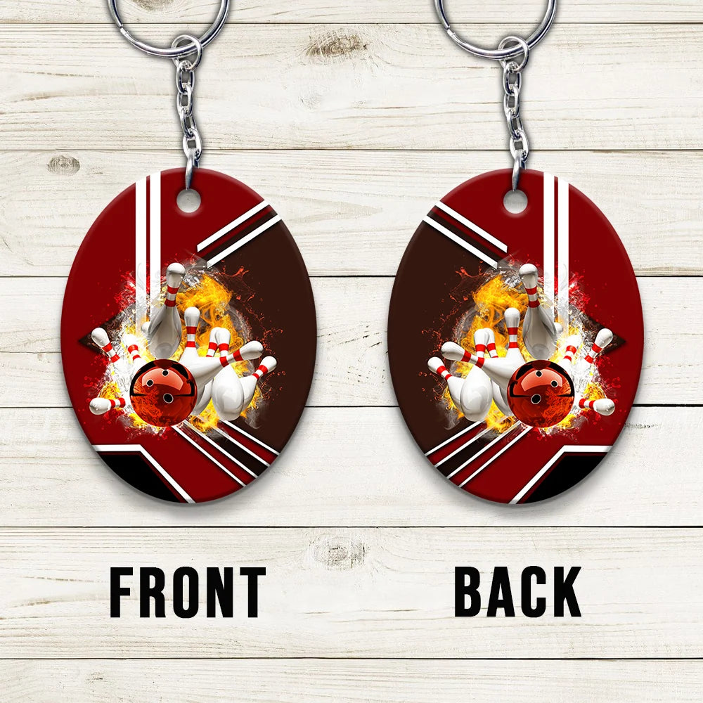 Red Bowling Ball On Fire Crashing Pins Keychain ORN0187