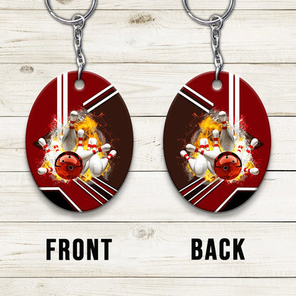 Red Bowling Ball On Fire Crashing Pins Keychain ORN0187