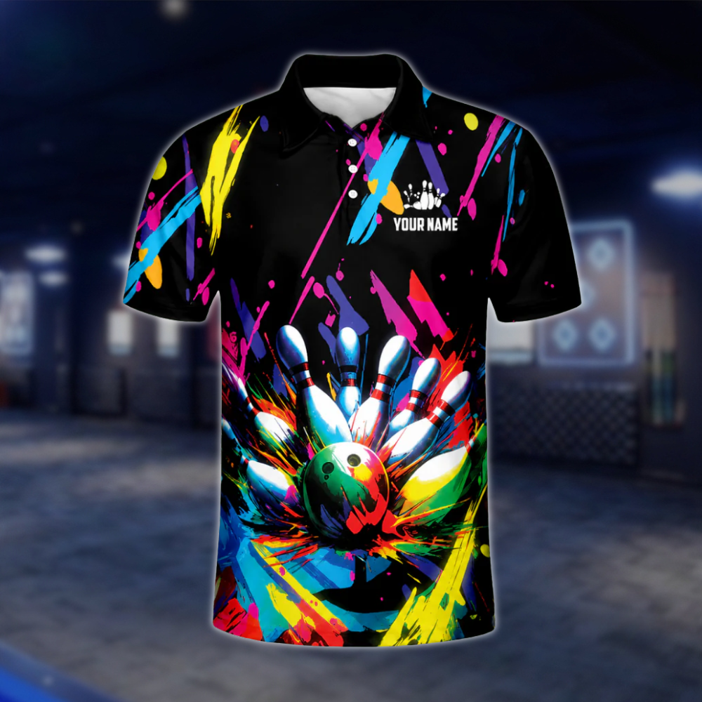 Customized Graffiti Colorful Polo Bowling Team Shirts For Men, Custom Team Bowling Shirts BL0004 BOW0489