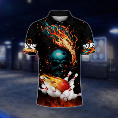 Custom Flame Skull Bowling Polo Shirts Men, Custom Skull Bowling Shirt BZ0465 BOW0481