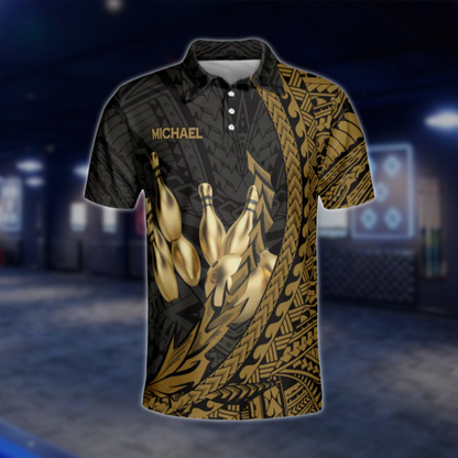 Black Gold Tribal Personalized Men's Bowling Polo Shirts, Custom Tribal Bowling Shirts Team BZ0202 BOW0476