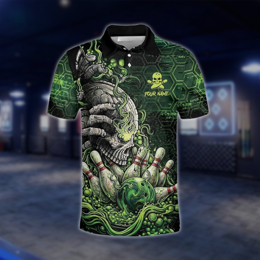 Personalized Mens Skull Green Bowling Polo Shirt, Custom Skull Team Bowling Shirt BZ0922 BOW0019
