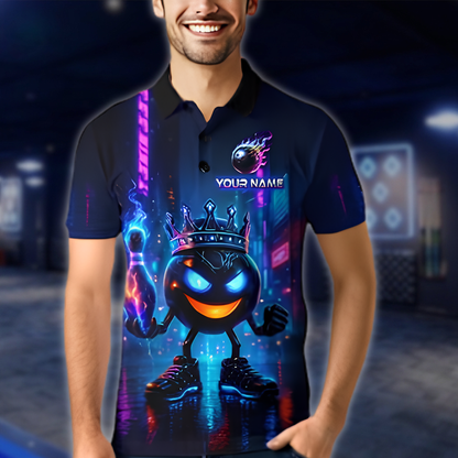 Personalized King Ball Flame Bowling Polo Shirt For Men, Custom Flame Bowling Team Shirt Neon BZ0881 BOW0062