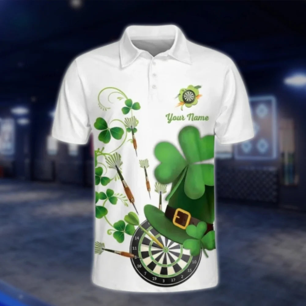 Custom Shamrock Green White Mens Dart Polo Shirt, Custom St Patrick's Day Dart Team Shirts DAT0270