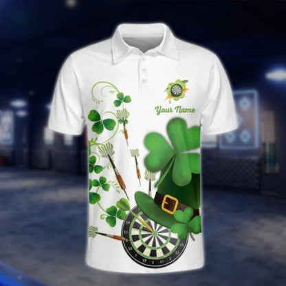 Custom Shamrock Green White Mens Dart Polo Shirt, Custom St Patrick's Day Dart Team Shirts DAT0270