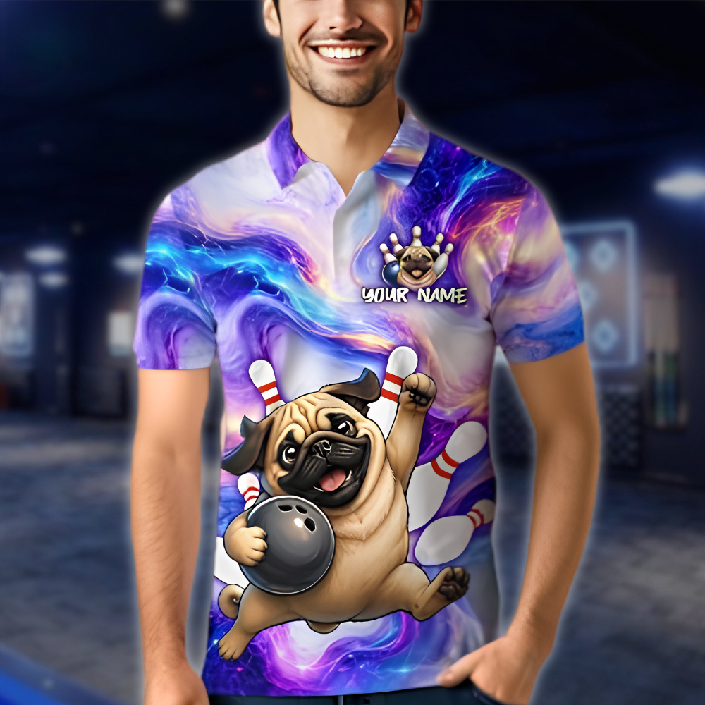Personalized Bulldog Galaxy Bowling Polo Shirt Mens, Custom Team Bulldog Bowling Shirts BZ0885 BOW0058