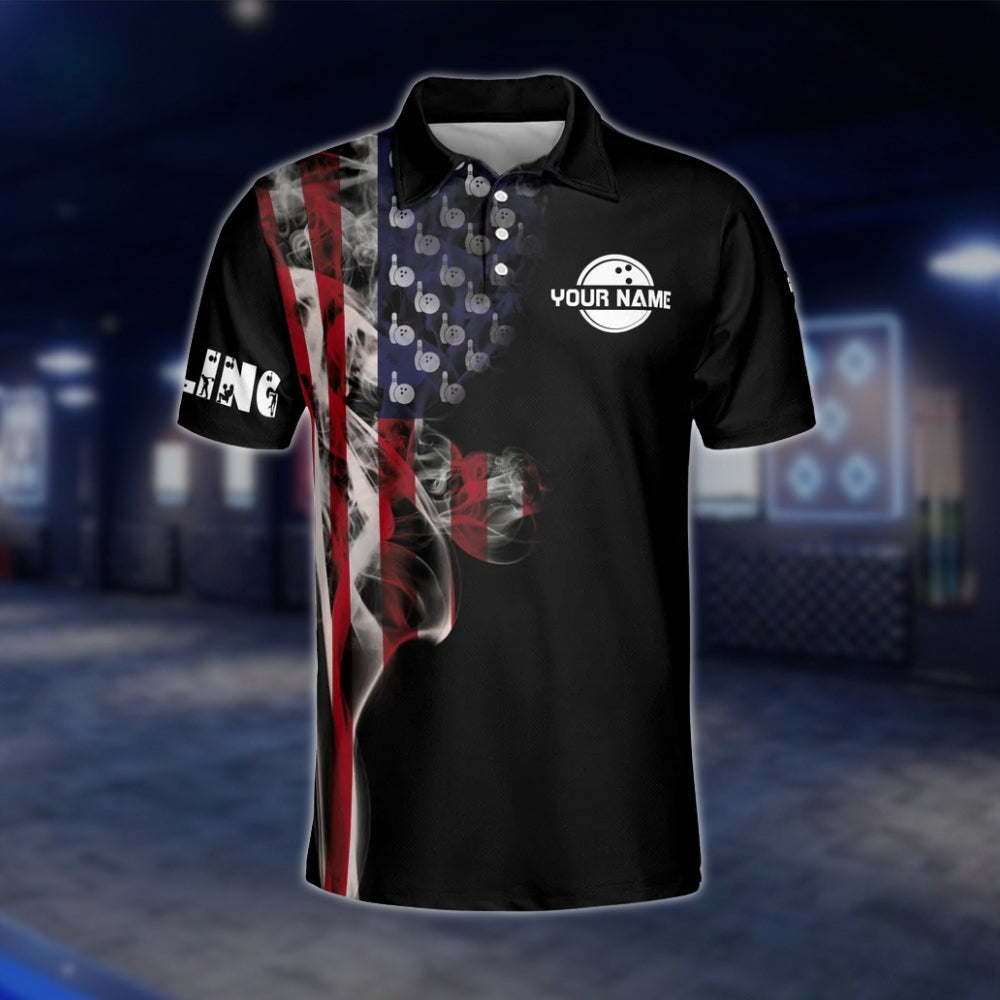 Custom American Flag Smoke Bowling Polo Shirt, Custom Patriotic Bowling Team Shirts BM0319 BOW0269