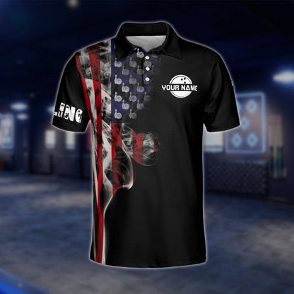 Custom American Flag Smoke Bowling Polo Shirt, Custom Patriotic Bowling Team Shirts BM0319 BOW0269