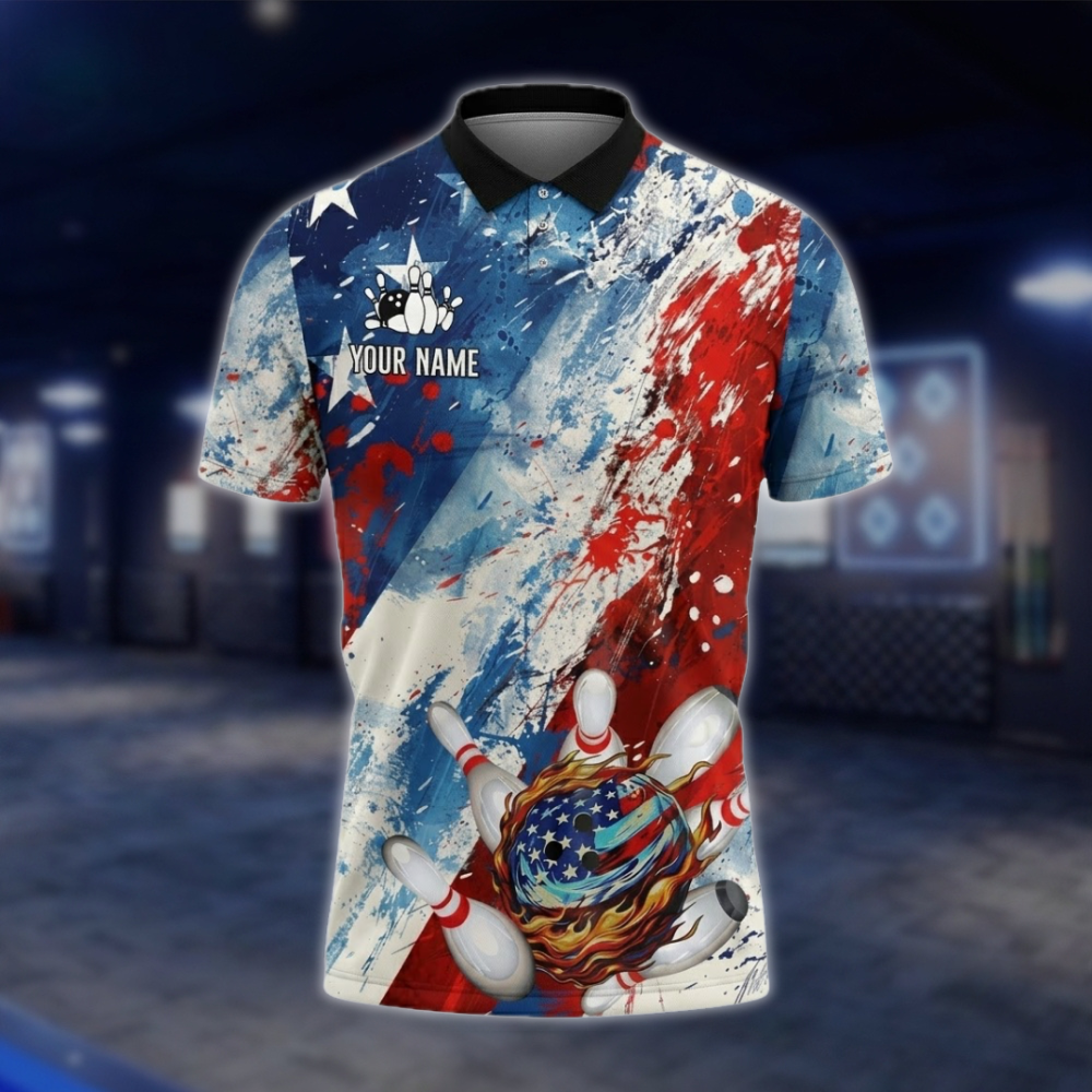 Personalized American Flag Bowling Mens Polo Shirt Watercolor, Custom Bowling Patriotic Team Shirts BZ0741 BOW0178