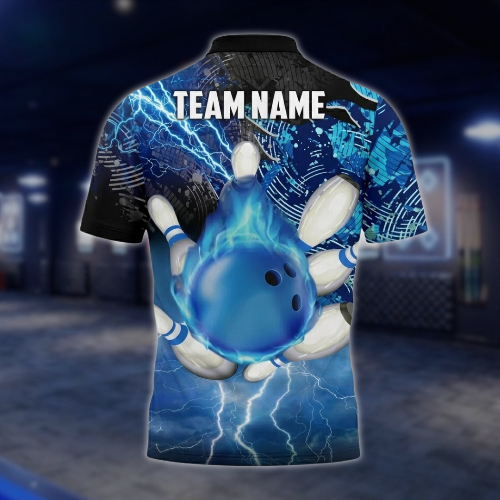 Personalized Flame Men's Blue Bowling Polo Shirt, Custom Team Flame Bowling Shirts BZ0734 BOW0001
