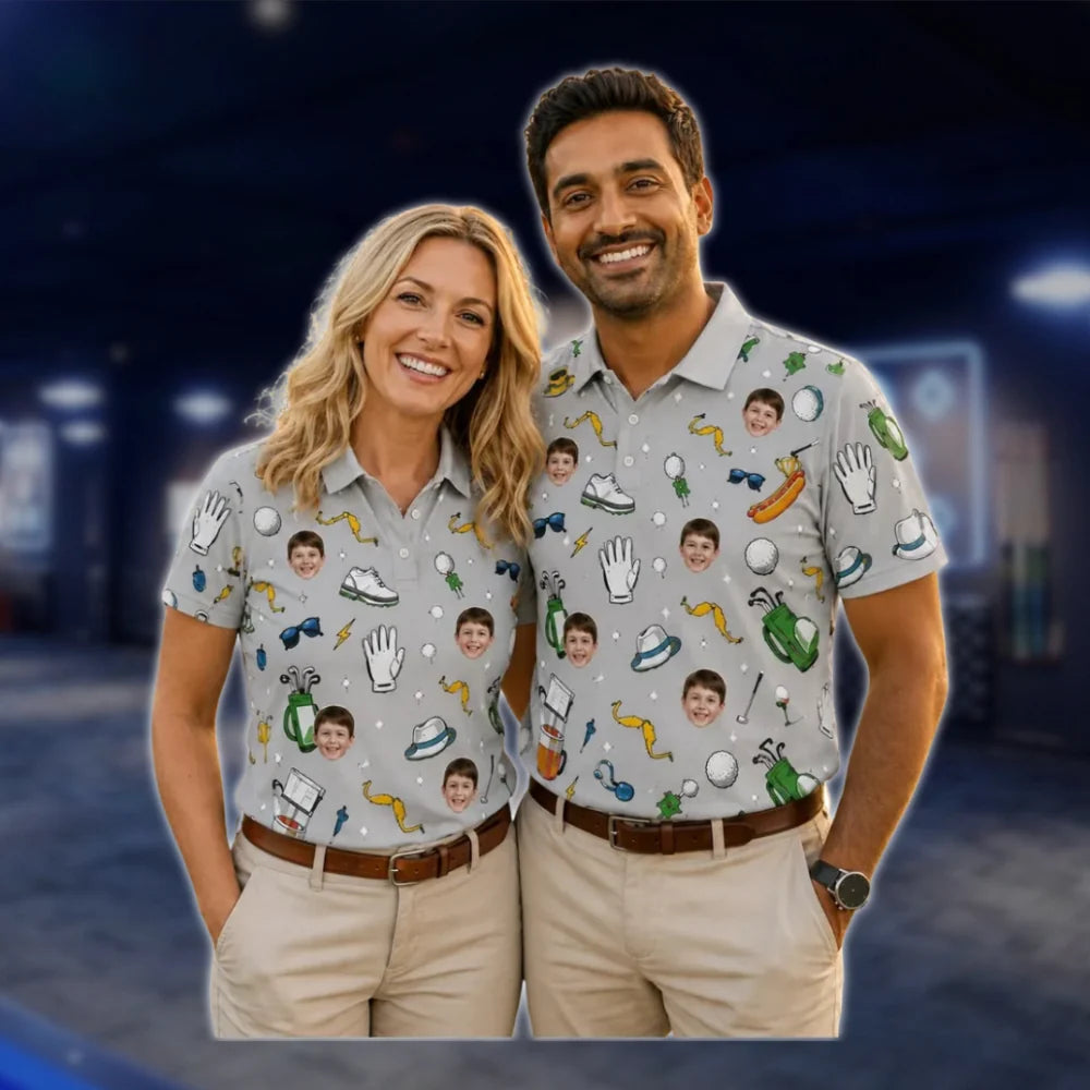 Custom Photo Couple Matching Golf Polo Shirts, Custom Face Golf Shirts For Men Women GOF0066