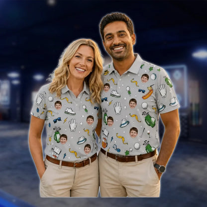 Custom Photo Couple Matching Golf Polo Shirts, Custom Face Golf Shirts For Men Women GOF0066