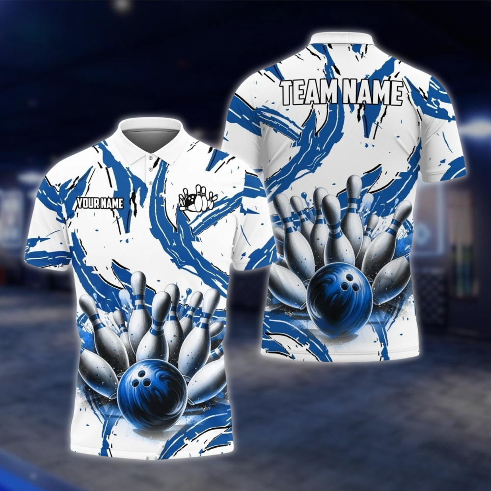 Personalized Mens Cyan White Abstract Bowling Polo Shirt, Custom Bowling Team Shirts BZ0751 BOW0168